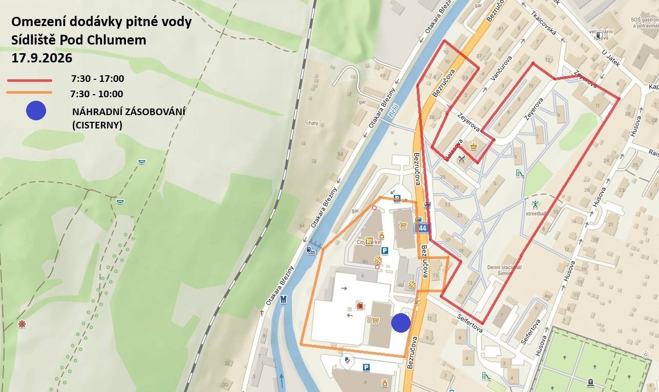 OZNÁMENÍ O PŘERUŠENÍ DODÁVKY PITNÉ VODY 17.9.2026 SÍDLIŠTĚ POD CHLUMEM