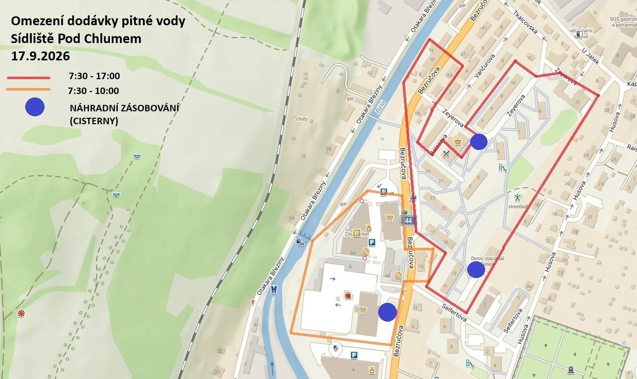 OZNÁMENÍ O PŘERUŠENÍ DODÁVKY PITNÉ VODY 17.9.2026 SÍDLIŠTĚ POD CHLUMEM